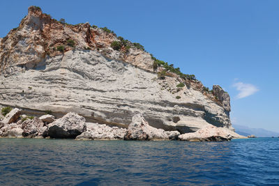 Rock formations in sea against clear blue sky