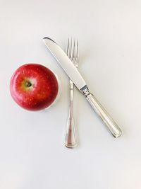 High angle view of apple on table against white background
