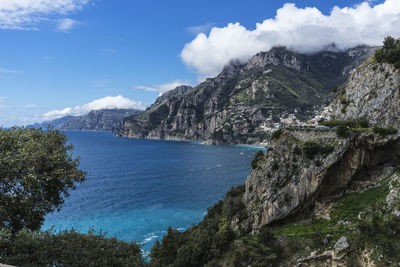 Scenic view of sea and mountains against sky