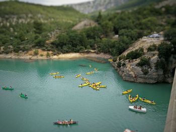 Tilt-shift image of people rowing boats in river