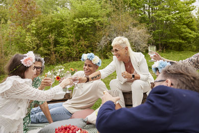 Family raising toast at picnic