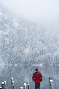 Rear view of woman standing at lake against mountain