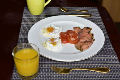 High angle view of breakfast served on table