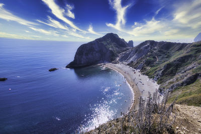 Scenic view of sea and mountains against sky