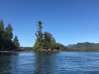 Scenic view of lake against clear blue sky