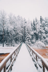 Snow covered footbridge against sky