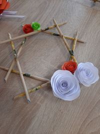 High angle view of roses on table