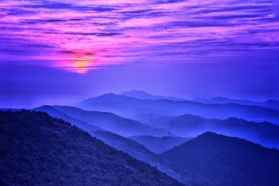 Scenic view of mountains against sky at sunset