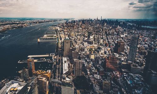 High angle view of city at waterfront