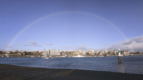 Scenic view of sea and buildings against sky