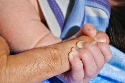 Close-up of baby holding adult's finger