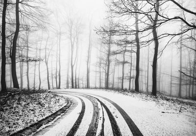 Snow covered road amidst bare trees during winter 