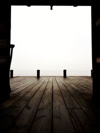 Surface level view of wooden floor against clear sky