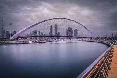 View of bridge over river against cloudy sky