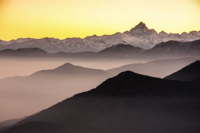 Scenic view of mountains against sky during sunset