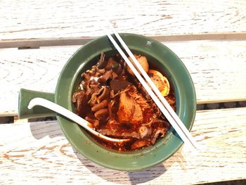 High angle view of meat in bowl on table