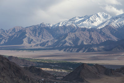 Scenic view of snowcapped mountains against sky