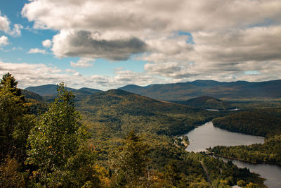 Scenic view of lake and mountains against sky