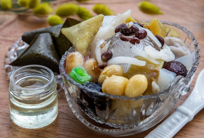 High angle view of food in glass on table