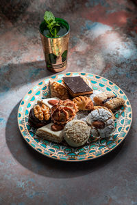 High angle view of food served on table