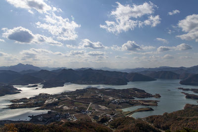 Scenic view of lake and mountains against sky