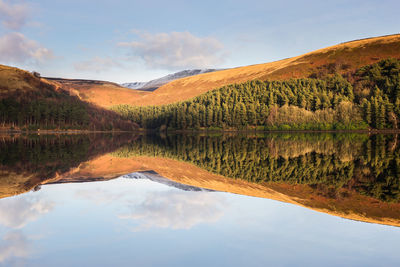 An almost perfect mirror reflection in stunning winter light on howden reservoir.