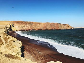 Scenic view of sea against clear blue sky