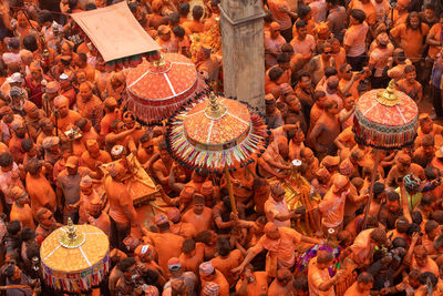 Locals celebrate the bisket jatra festival in thimi in the bhaktapur district.