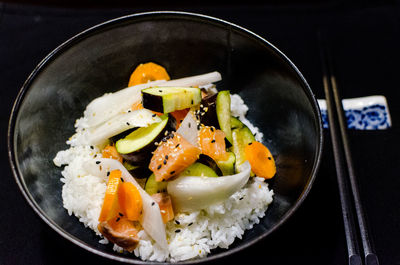 High angle view of food in plate