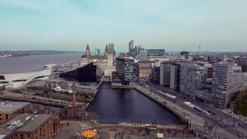 Liverpool city center , albert docks. drone aerial photo may 2022