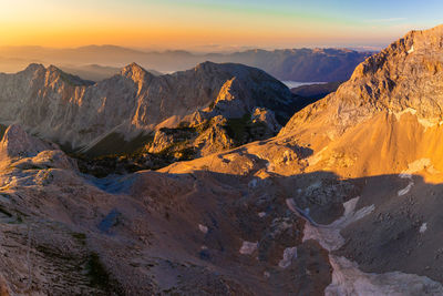 Scenic view of mountains against sky during sunset