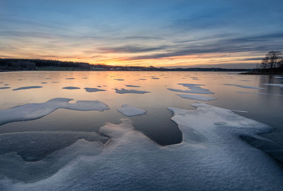 Scenic view of frozen lake against sky during sunset