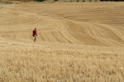 Rear view of man walking on field