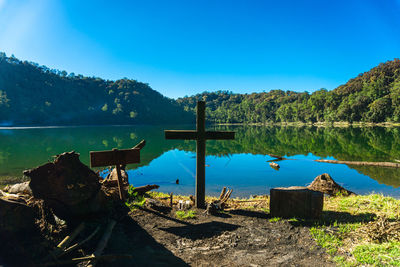 Scenic view of lake against blue sky