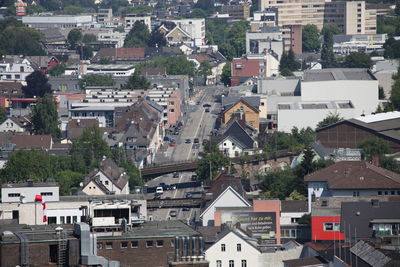 High angle view of buildings in city