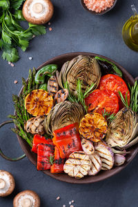 Vegan, vegetarian, seasonal, summer eating concept. grilled vegetables in a pan. top view flat lay