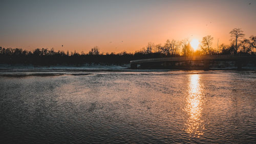 Scenic view of lake against sky during sunset