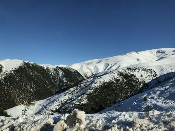 Scenic view of snowcapped mountains against clear blue sky