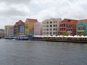 Buildings by river against sky in city