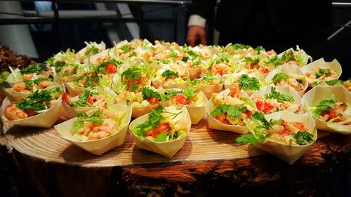 High angle view of food served on table