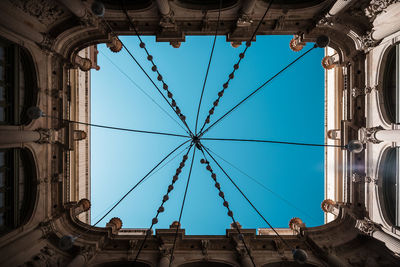 Directly below shot of historic building against clear blue sky