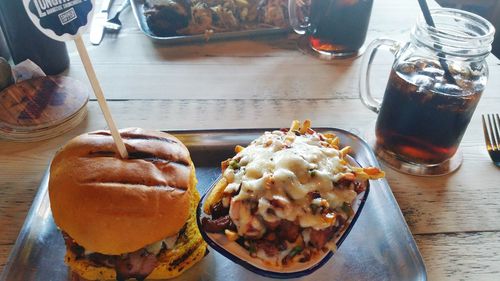 High angle view of food served on table