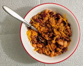 High angle view of breakfast served on table