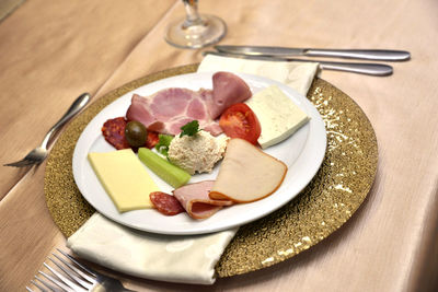 High angle view of food in plate on table