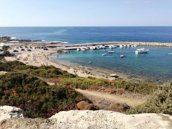 High angle view of beach against clear sky