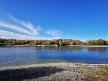 Scenic view of lake against blue sky