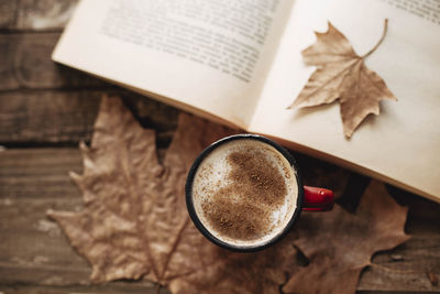 Morning routine. coffee with mil cocoa and cinnamon. reading a book in autumn.