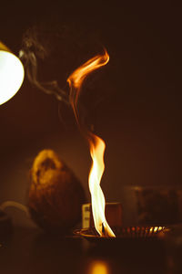 Close-up of lit candle in the dark