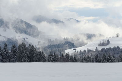 Scenic view of snow covered mountains against sky