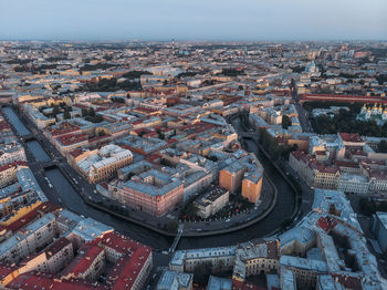 Aerial view of rooftops of saint petersburg. on the background trinity cathedra. view from above